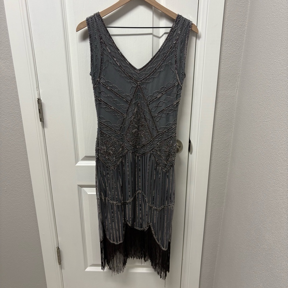 Elegant Gray Beaded Midi Dress